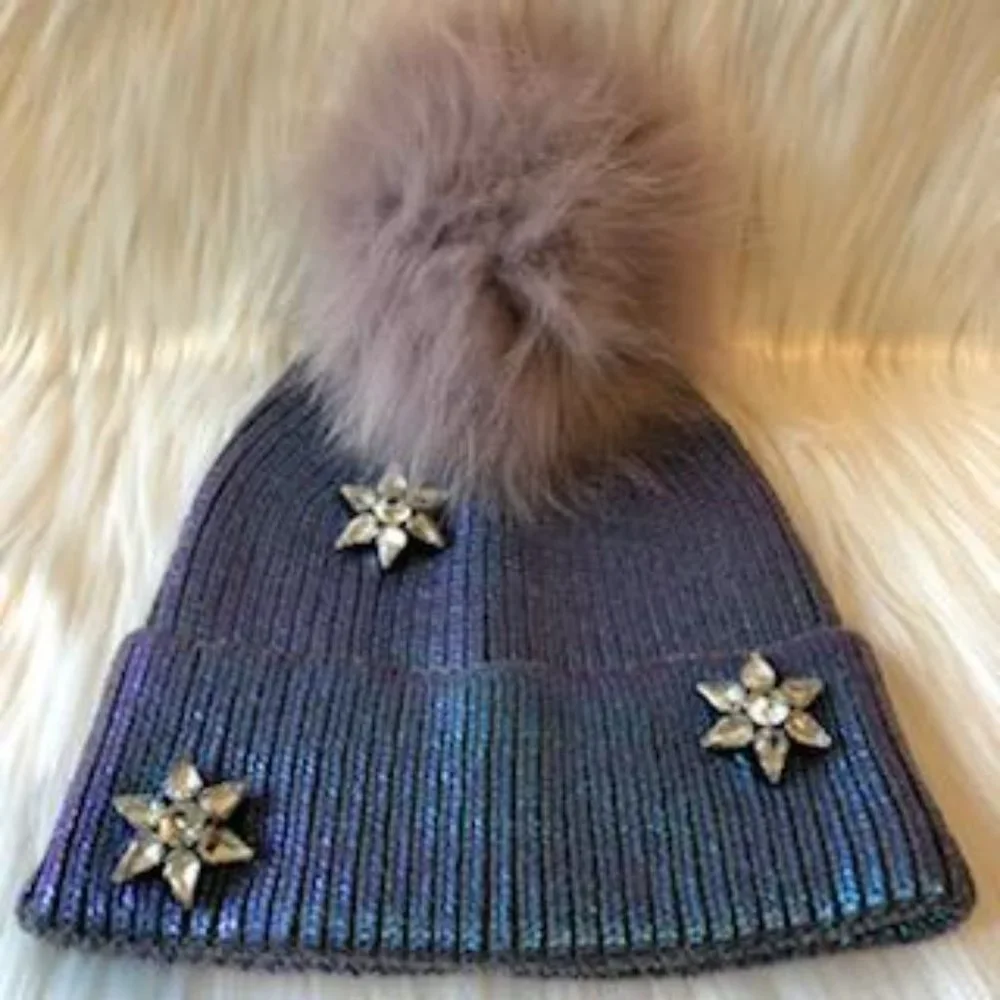 Metallic Knit & Fox Fur PomPom Hat